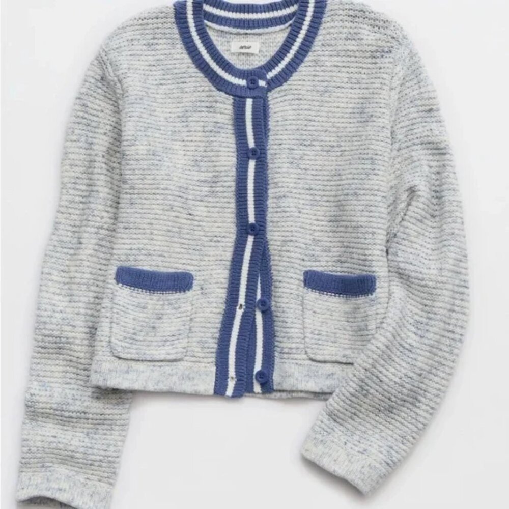 American Eagle Outfitters Blue and Gray Cardigan Sweater - M